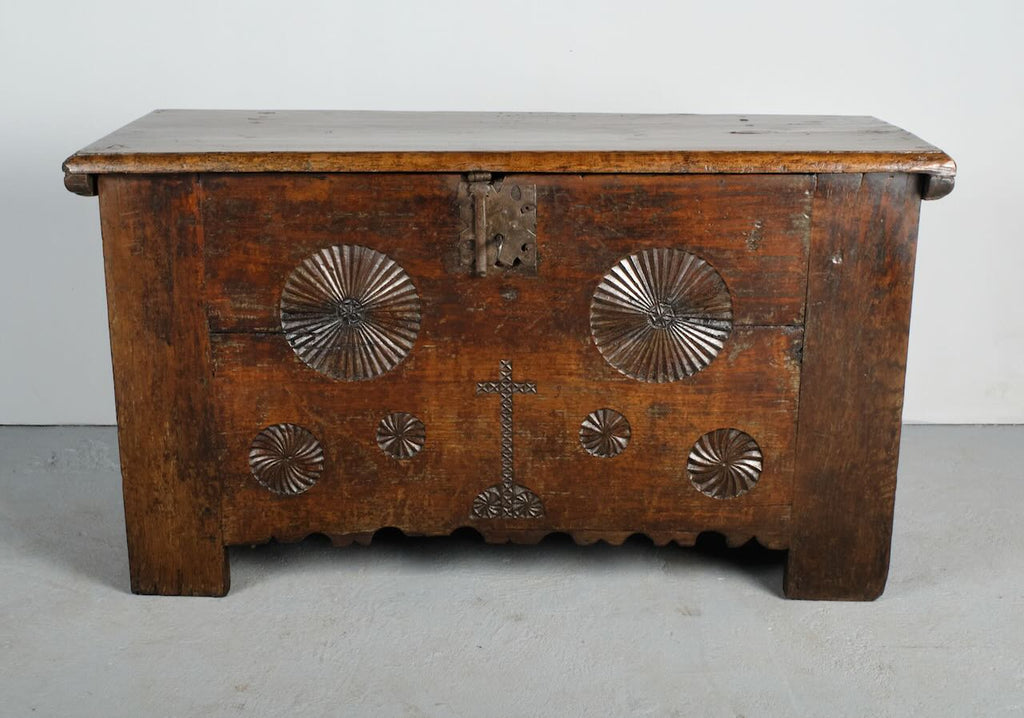 Carved mixed wood antique Basque arm’s chest, walnut, chestnut and oak