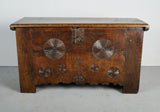 Carved mixed wood antique Basque arm’s chest, walnut, chestnut and oak