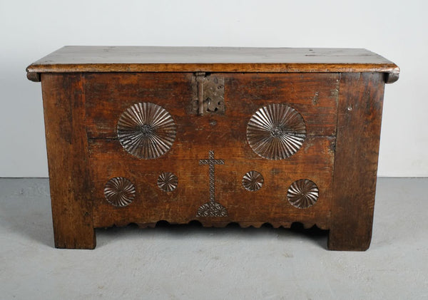 Carved mixed wood antique Basque arm’s chest, walnut, chestnut and oak