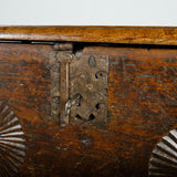 Carved mixed wood antique Basque arm’s chest, walnut, chestnut and oak
