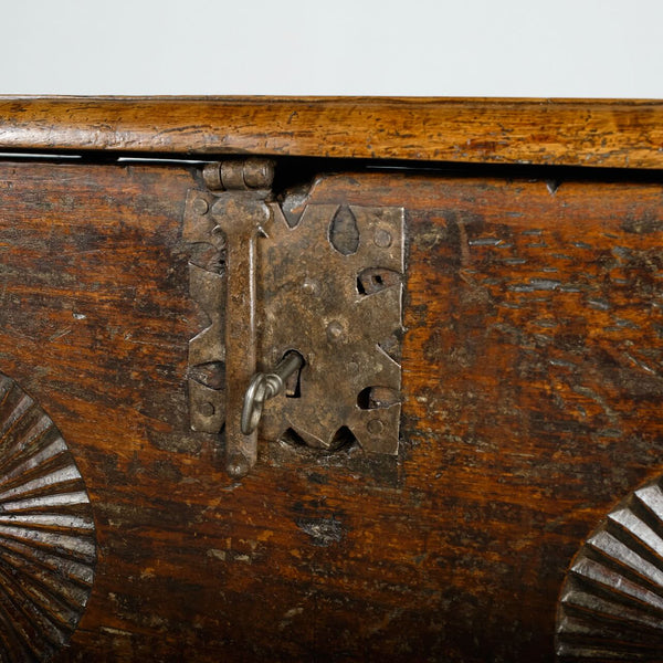 Carved mixed wood antique Basque arm’s chest, walnut, chestnut and oak