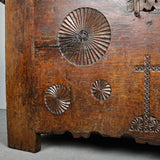 Carved mixed wood antique Basque arm’s chest, walnut, chestnut and oak