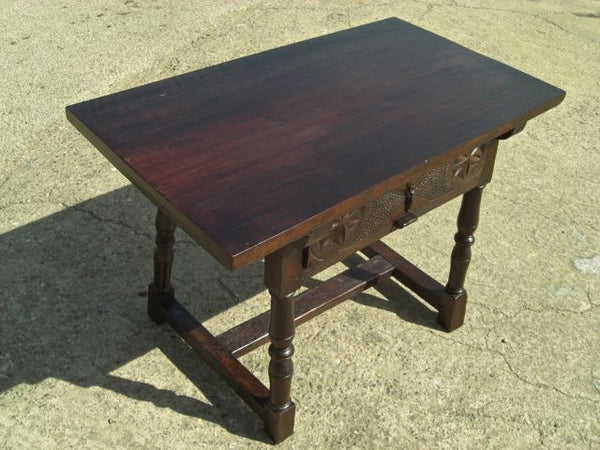 Antique turned-leg carved-drawer table, walnut and oak