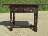 Antique turned-leg carved-drawer table, walnut and oak