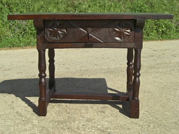 Antique turned-leg carved-drawer table, walnut and oak