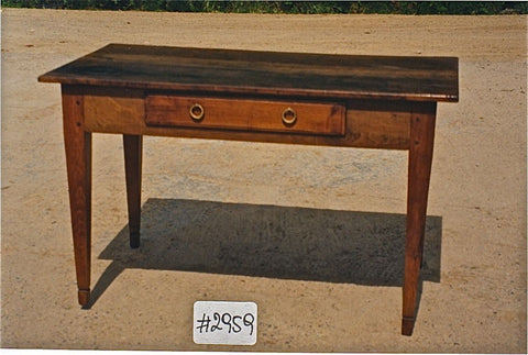 Antique turned leg writing table with floor stretchers, chestnut