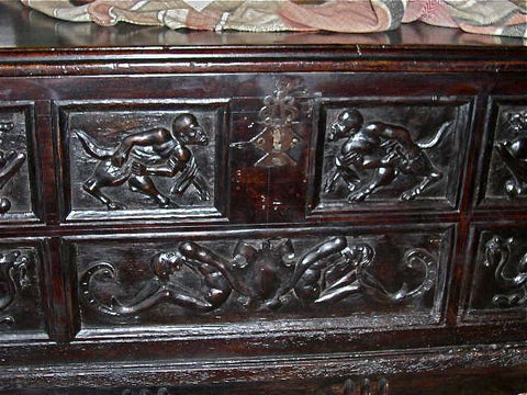 Antique carved Spanish Renaissance dowry chest, walnut