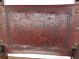 Reproduction carved and tooled leather friar's chair, cachimbo hardwood