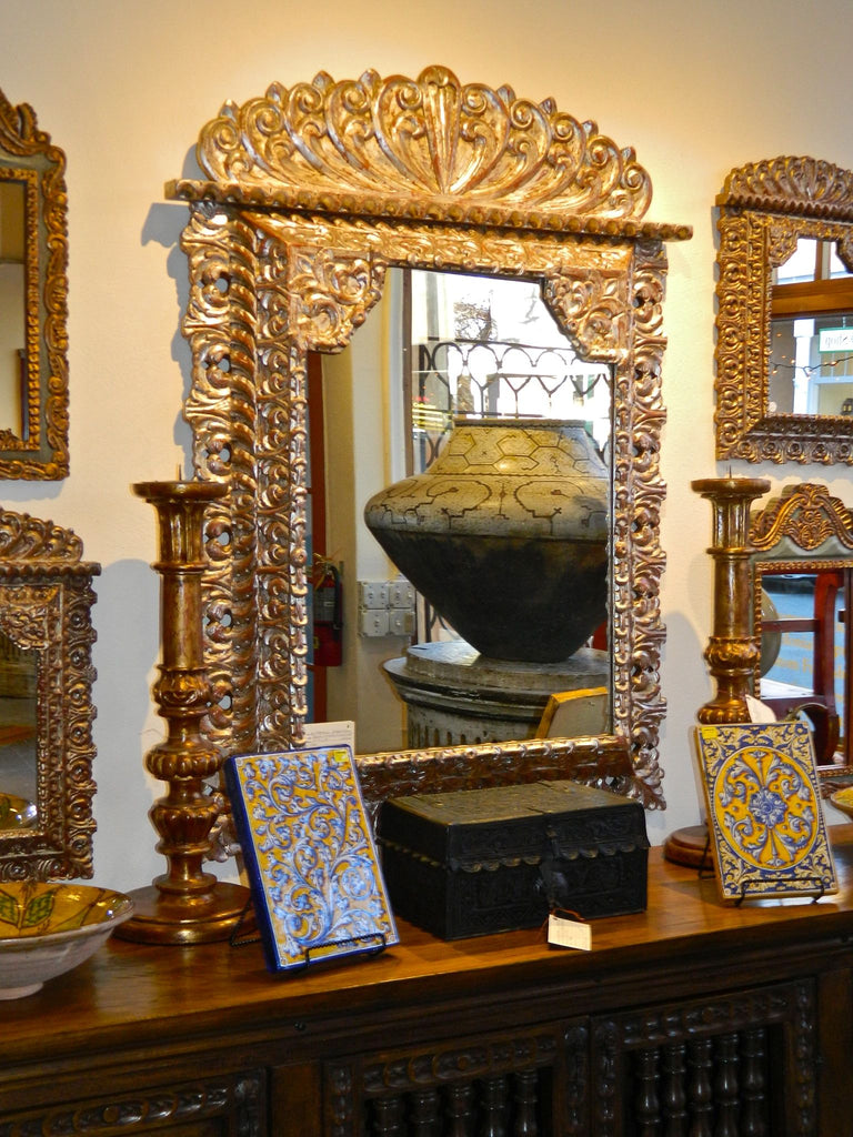 Reproduction carved, pierced and silvered Spanish colonial mirror frame, cachimbo hardwood