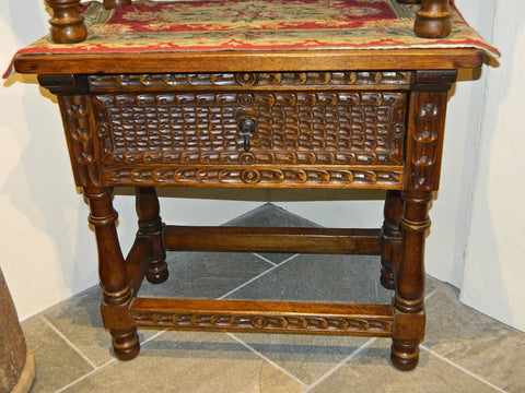 Large carved single-drawer reproduction Spanish colonial nightstand, cachimbo hardwood