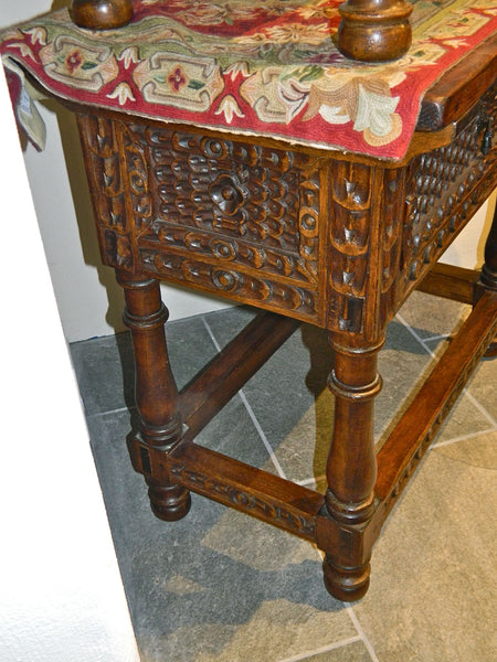 Large carved single-drawer reproduction Spanish colonial nightstand, cachimbo hardwood