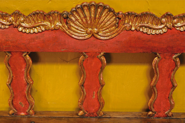 Reproduction carved, painted & gilt Spanish colonial Chippendale bench, cachimbo hardwood
