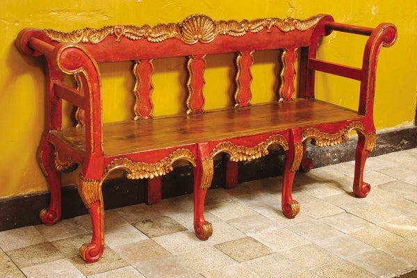 Reproduction carved, painted & gilt Spanish colonial Chippendale bench, cachimbo hardwood