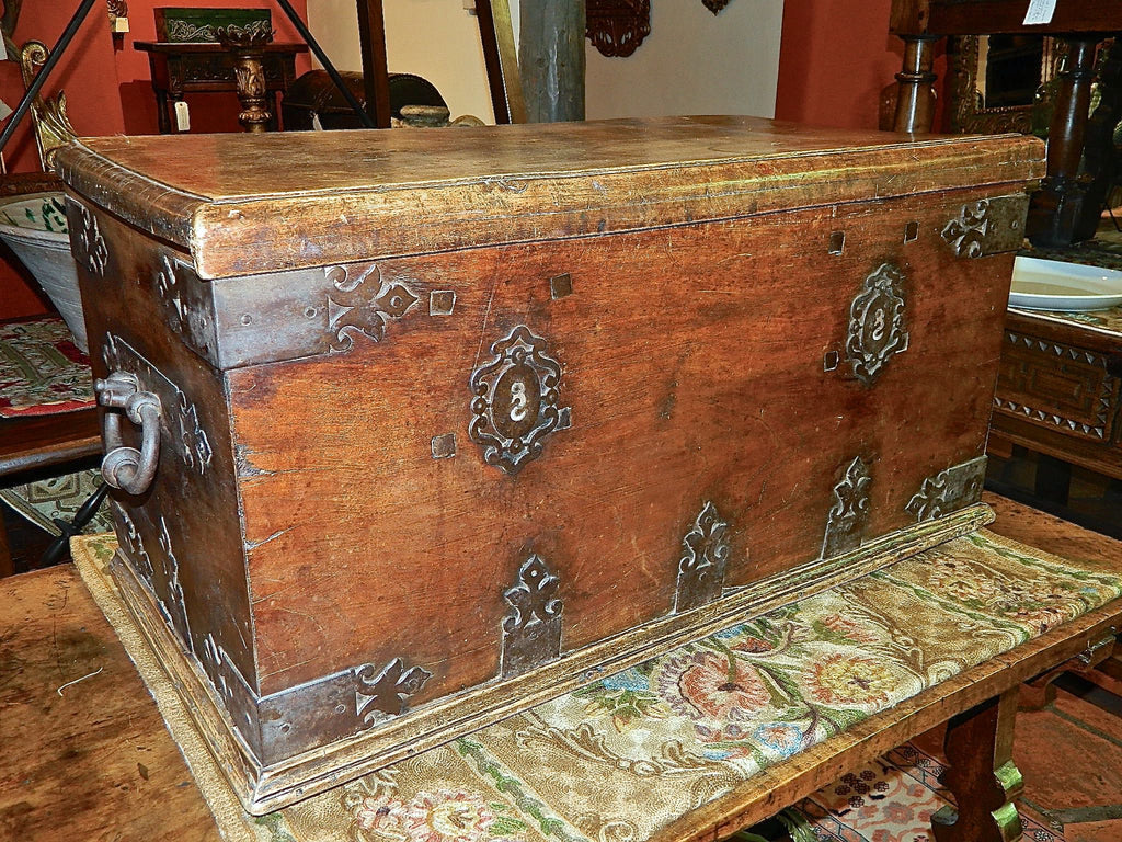 Antique two-lock Castilian valuables chest, walnut