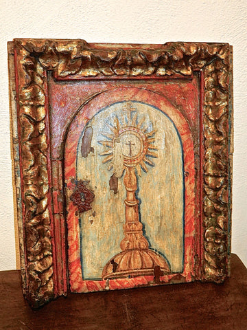 Antique carved, gilt and polychromed sacrarium door, pine