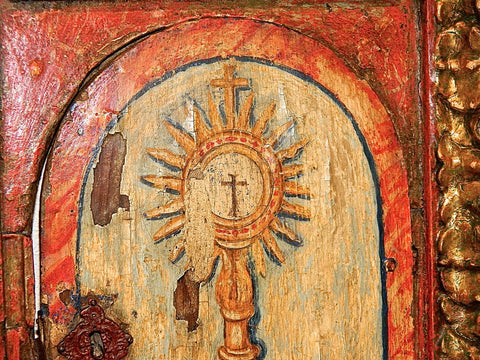 Antique carved, gilt and polychromed sacrarium door, pine