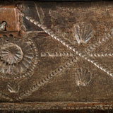 Antique scalloped skirt travel chest with carved shells of St. James, chestnut