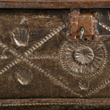 Antique scalloped skirt travel chest with carved shells of St. James, chestnut