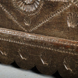 Antique scalloped skirt travel chest with carved shells of St. James, chestnut