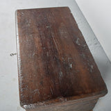 Antique scalloped skirt travel chest with carved shells of St. James, chestnut