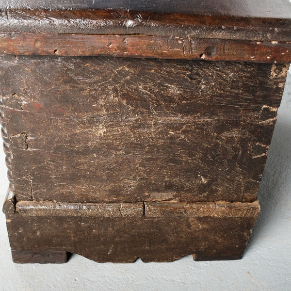 Antique scalloped skirt travel chest with carved shells of St. James, chestnut