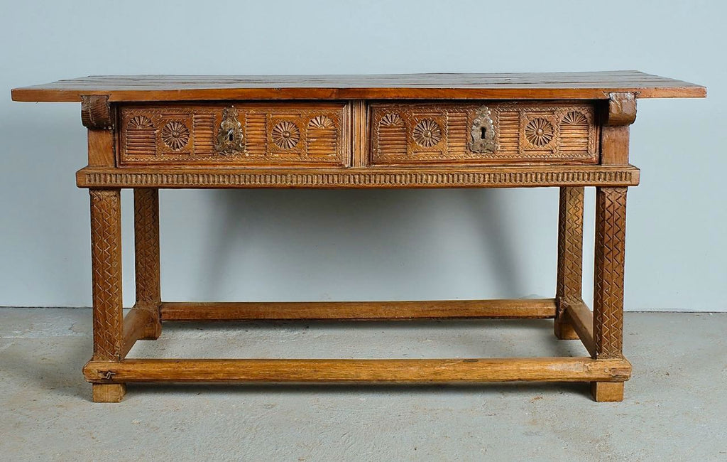 Antique two-drawer Palentine library table, walnut and chestnut
