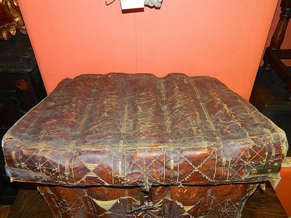 Antique large woven leather conquistador travel trunk (”petaca”)
