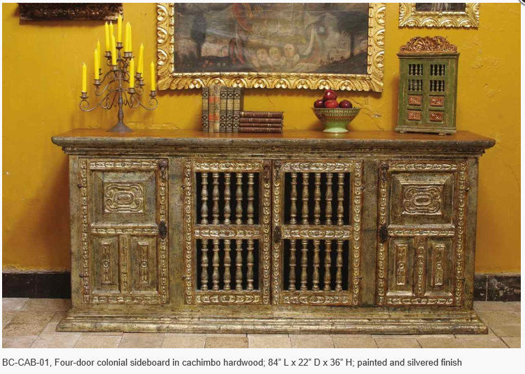 Carved, painted and silvered reproduction four-door colonial sideboard / credenza, cachimbo hardwood