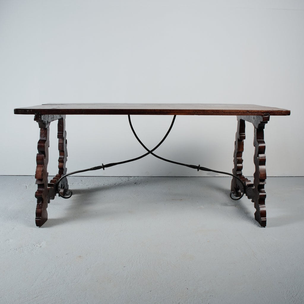Antique walnut lyre leg library table with iron stretchers