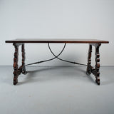 Antique walnut lyre leg library table with iron stretchers