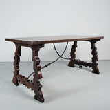 Antique walnut lyre leg library table with iron stretchers
