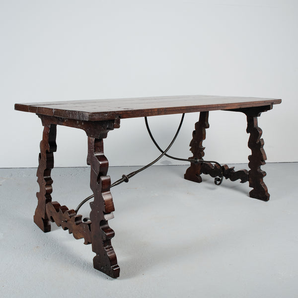 Antique walnut lyre leg library table with iron stretchers