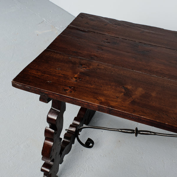 Antique walnut lyre leg library table with iron stretchers