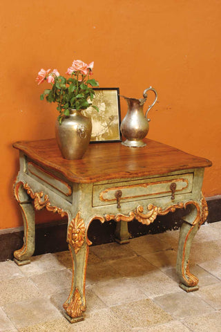 Two-drawer reproduction Spanish colonial nightstand with carved feathered legs, cachimbo hardwood