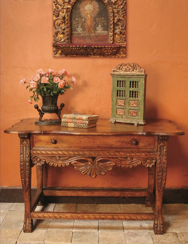 Reproduction carved, painted & gilt Spanish colonial Chippendale bench, cachimbo hardwood