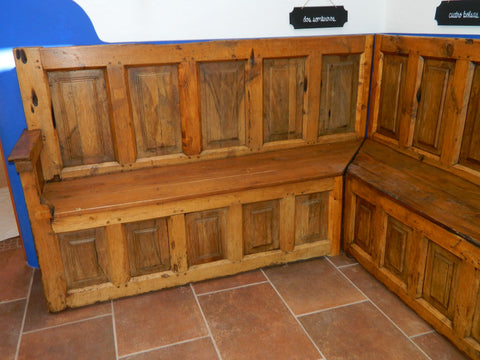 Antique L-shaped paneled Castilian choir corner bench, pine, walnut and poplar