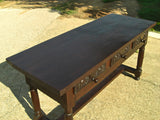 Antique three-drawer mast leg library table, oak and chestnut