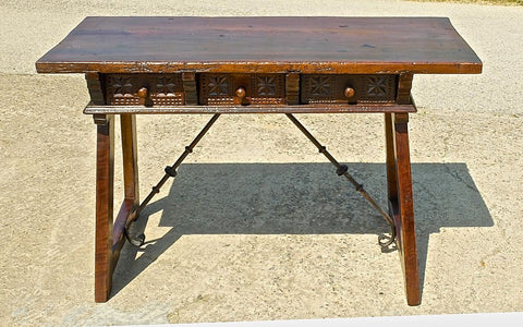 Antique three-drawer trestle leg table with iron stretchers, walnut &amp; oak