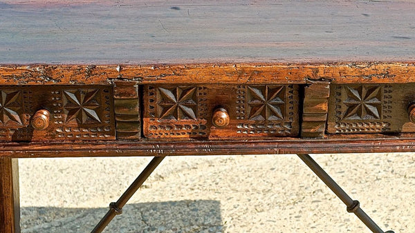 Antique three-drawer trestle leg table with iron stretchers, walnut &amp; oak