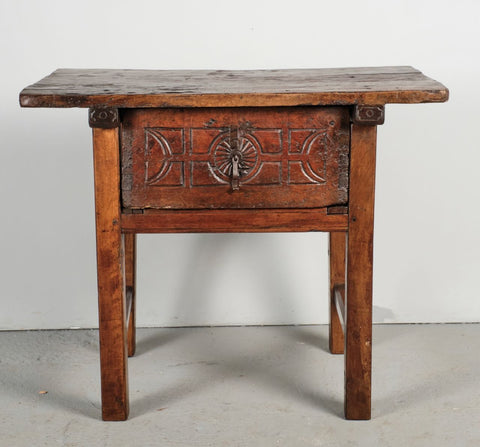 Antique trestle leg game dressing table with carved drawer, walnut