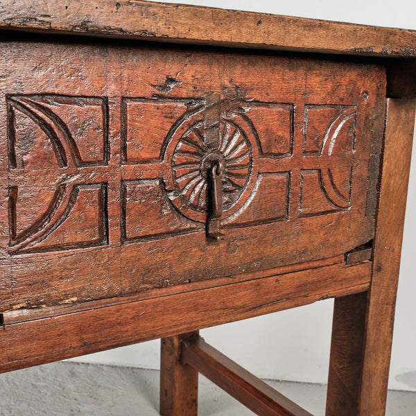 Antique trestle leg game dressing table with carved drawer, walnut