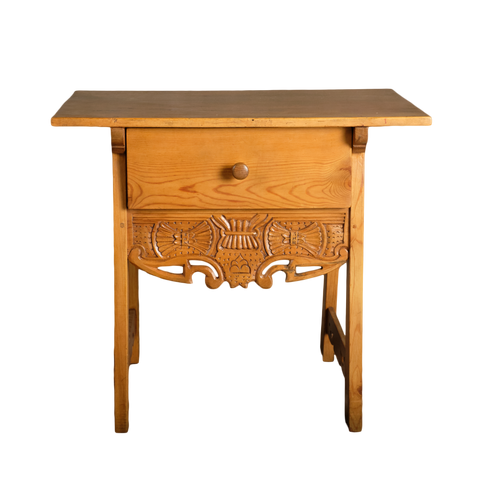 Antique drop-flap trestle leg accent table with drawer, pine
