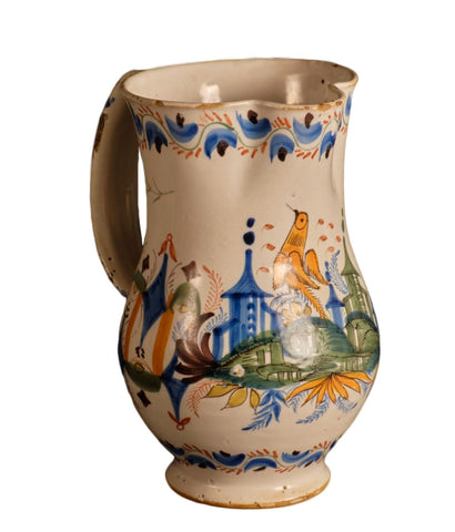 Large antique painted “Manises” pitcher, “Bird with Castles”