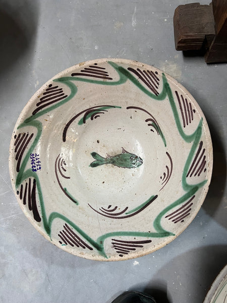 Antique painted green and manganese bowl, “Fish”
