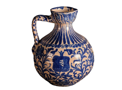 Antique single handle blue and white turned “Fajalauza” jug (”bombona”)