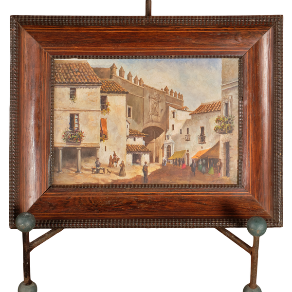 Antique oil painting on panel, “Gate of the Oil Vendors”