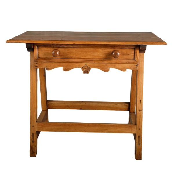 Antique scalloped skirt trestle leg game dressing table with drawer, pine