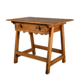 Antique scalloped skirt trestle leg game dressing table with drawer, pine