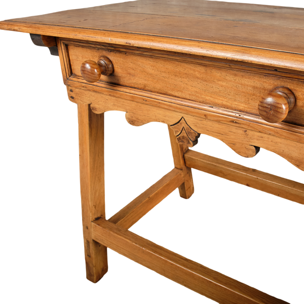 Antique scalloped skirt trestle leg game dressing table with drawer, pine