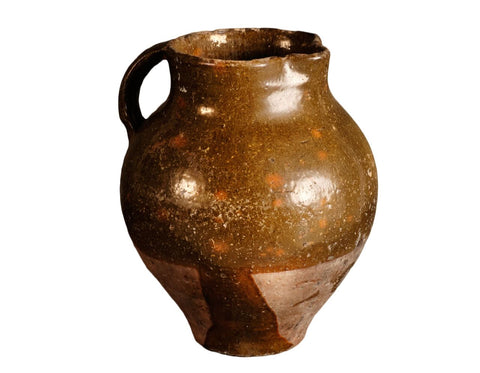 Antique semi-glazed single handle olive green pitcher